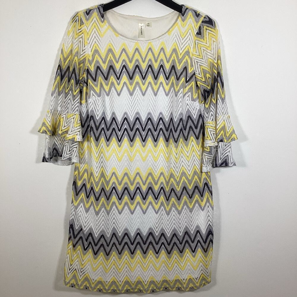 Tacera Midi Shift Dress XL‎ Chevron Zig Zag Crochet Boho Yellow Grey Bell Sleeve